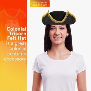 Colonial or Pirate Black Felt Hat with Gold trim